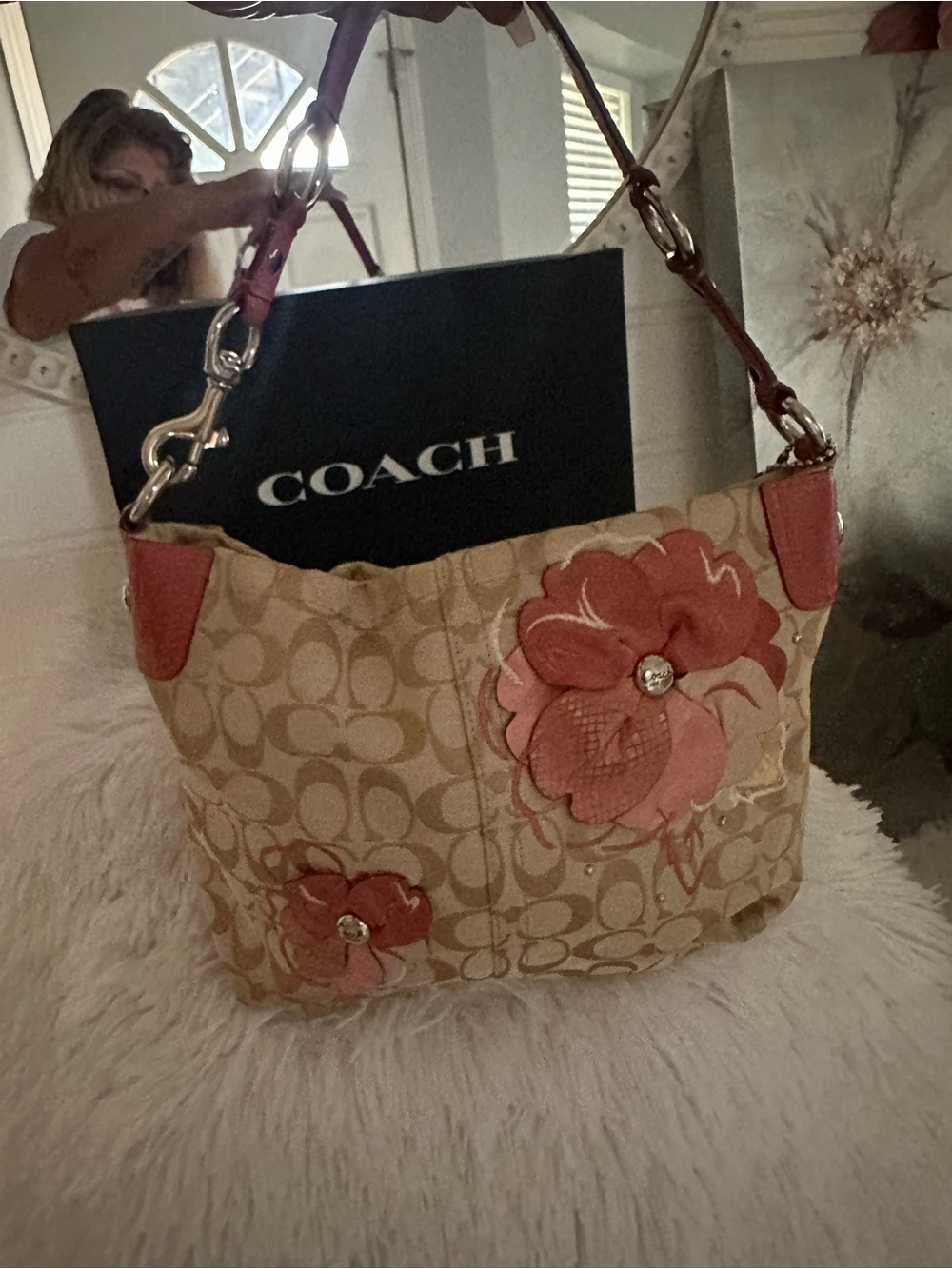 Coach Beige Signature Canvas Shoulder Bag with Pink Floral Appliqués